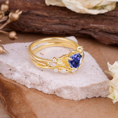 4-Prong Nature-Inspired Heart-Cut Tanzanite Engagement Ring Set