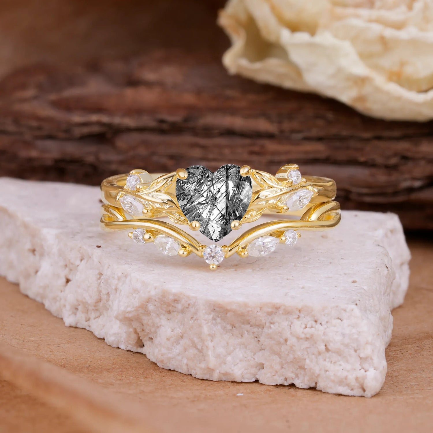 4-Prong Nature-Inspired Heart-Cut Black Rutilated Quartz Bridal Ring Set