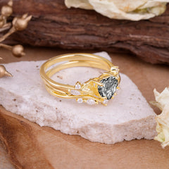 4-Prong Nature-Inspired Heart-Cut Black Rutilated Quartz Engagement Ring Set