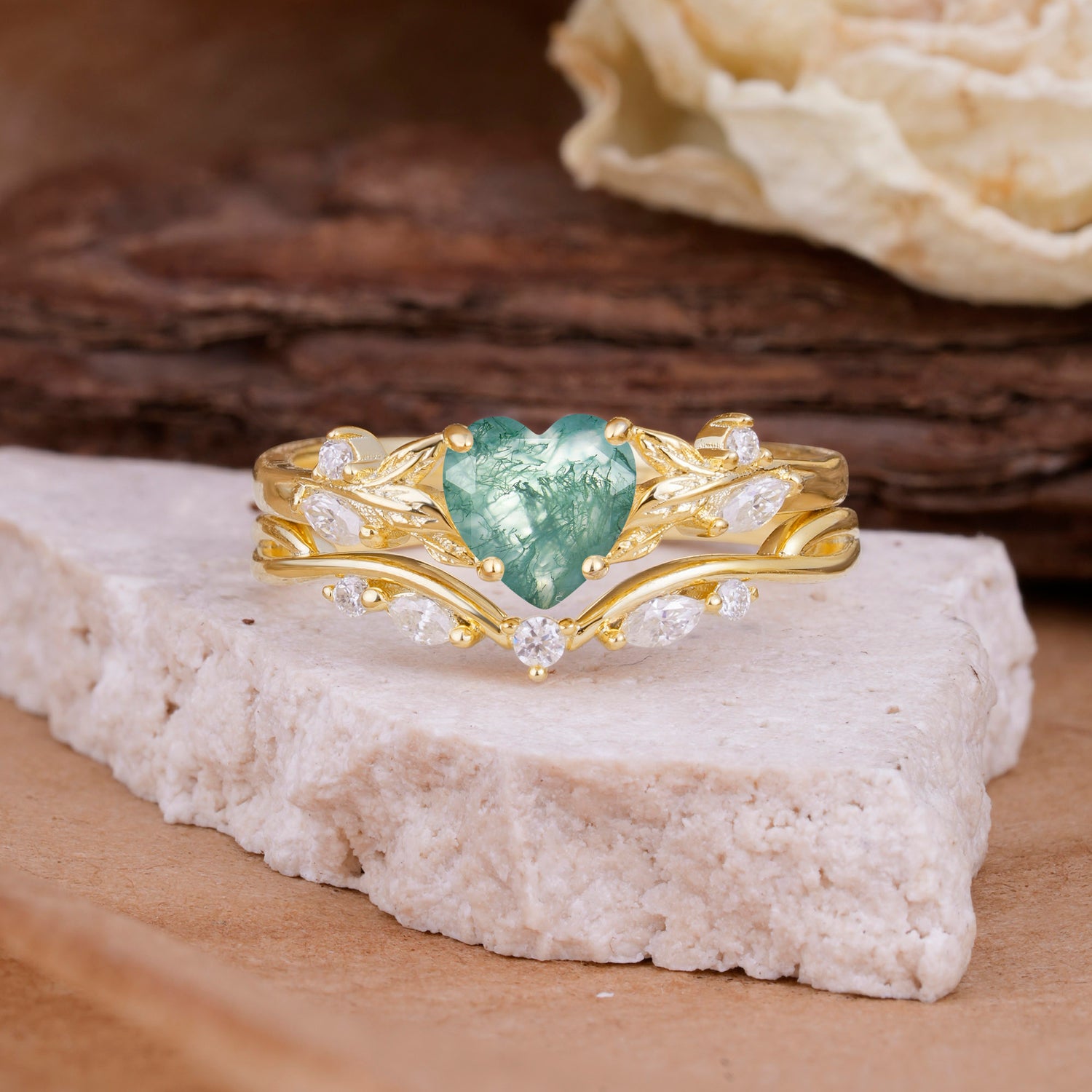 4-Prong Nature-Inspired Heart-Cut Natural Moss Agate Bridal Ring Set