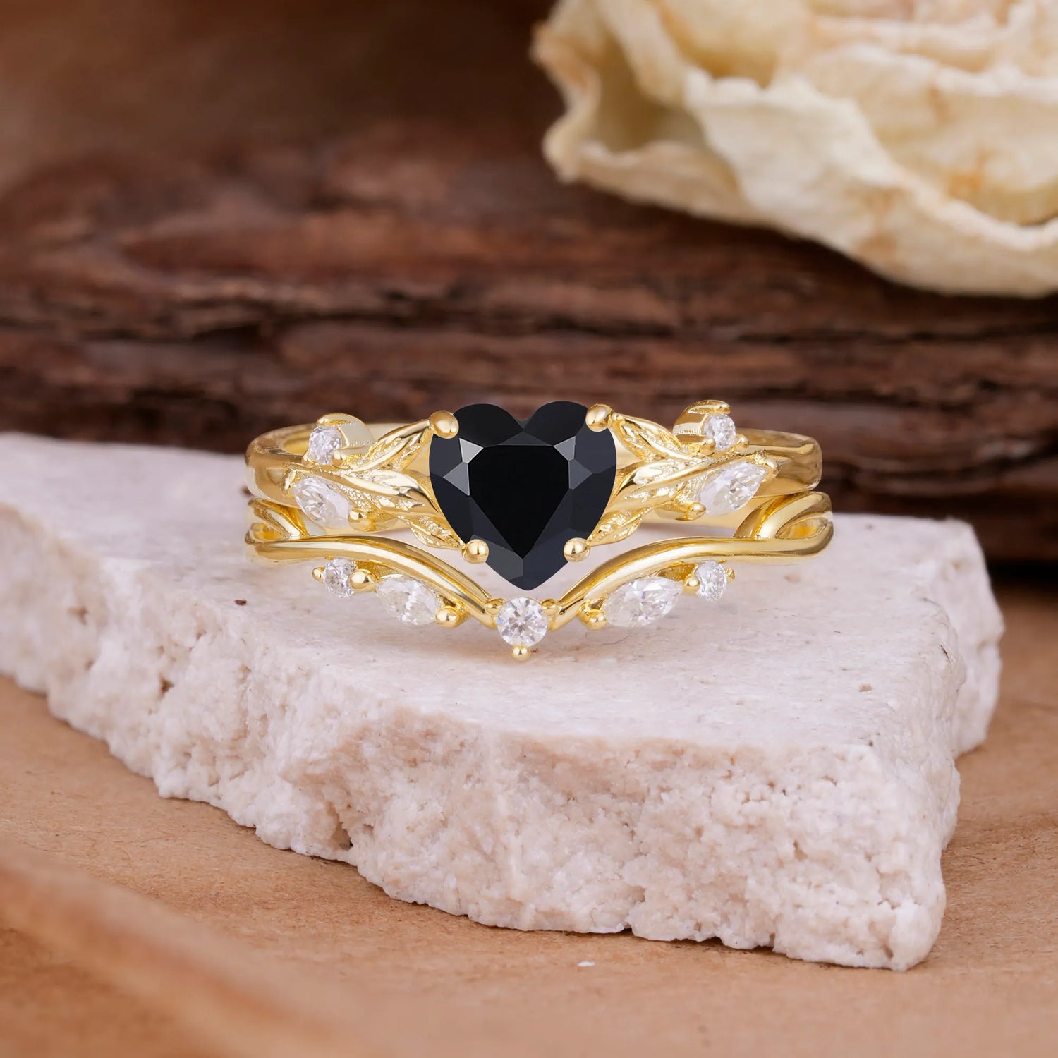 4-Prong Nature-Inspired Heart-Cut Black Onyx Engagement Ring Set
