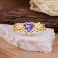 4-Prong Nature-Inspired Heart-Cut Natural Amethyst Engagement Ring Set