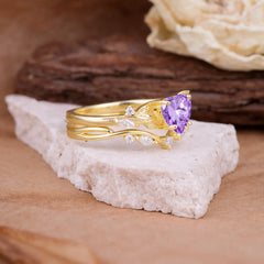 4-Prong Nature-Inspired Heart-Cut Natural Amethyst Engagement Ring Set