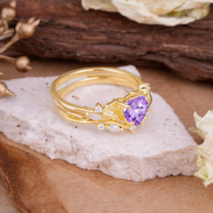 4-Prong Nature-Inspired Heart-Cut Natural Amethyst Engagement Ring Set