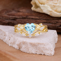 4-Prong Nature-Inspired Heart-Cut Aquamarine Engagement Ring Set
