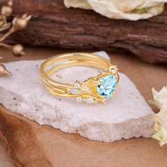 4-Prong Nature-Inspired Heart-Cut Aquamarine Engagement Ring Set