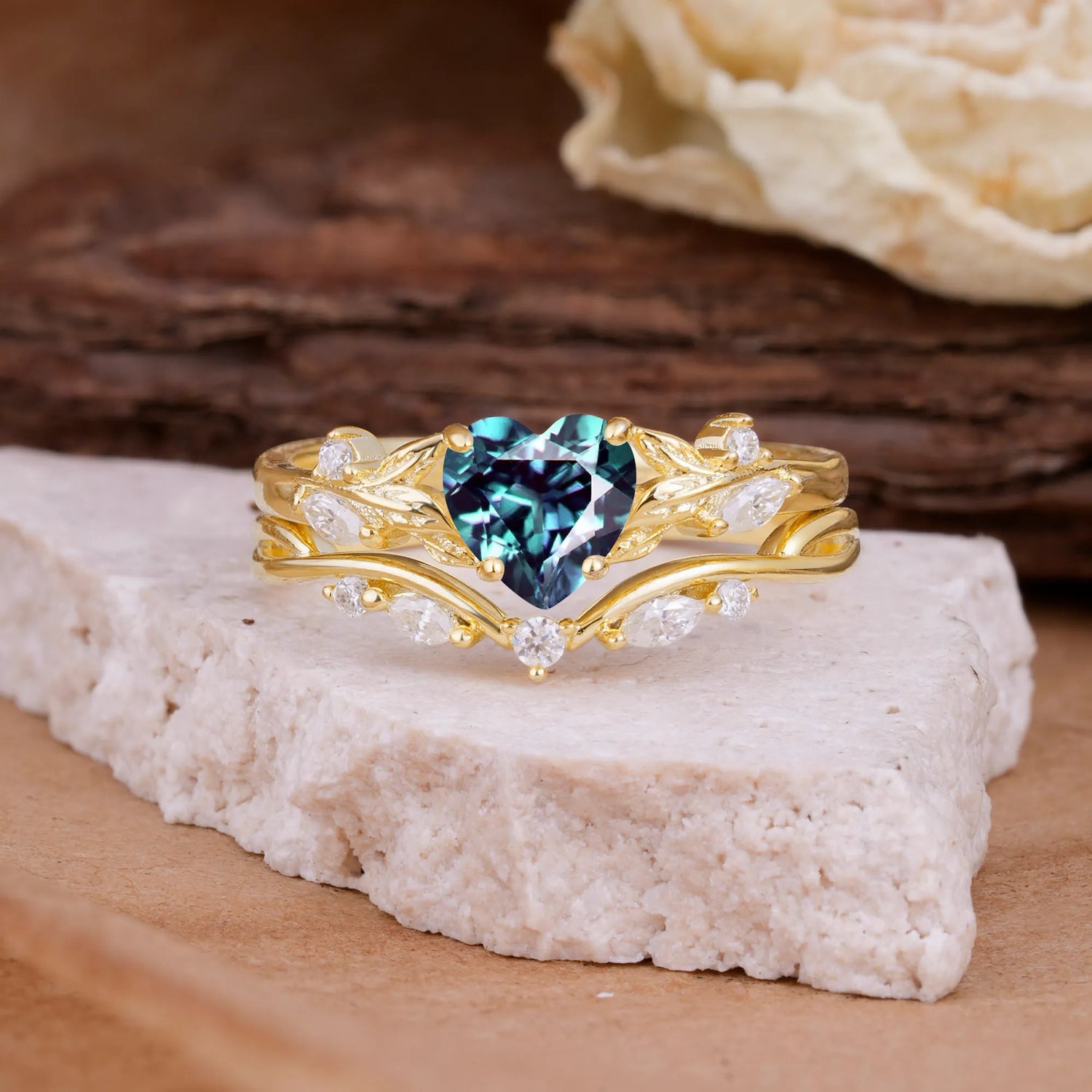 4-Prong Nature-Inspired Heart-Cut Alexandrite Engagement Ring Set