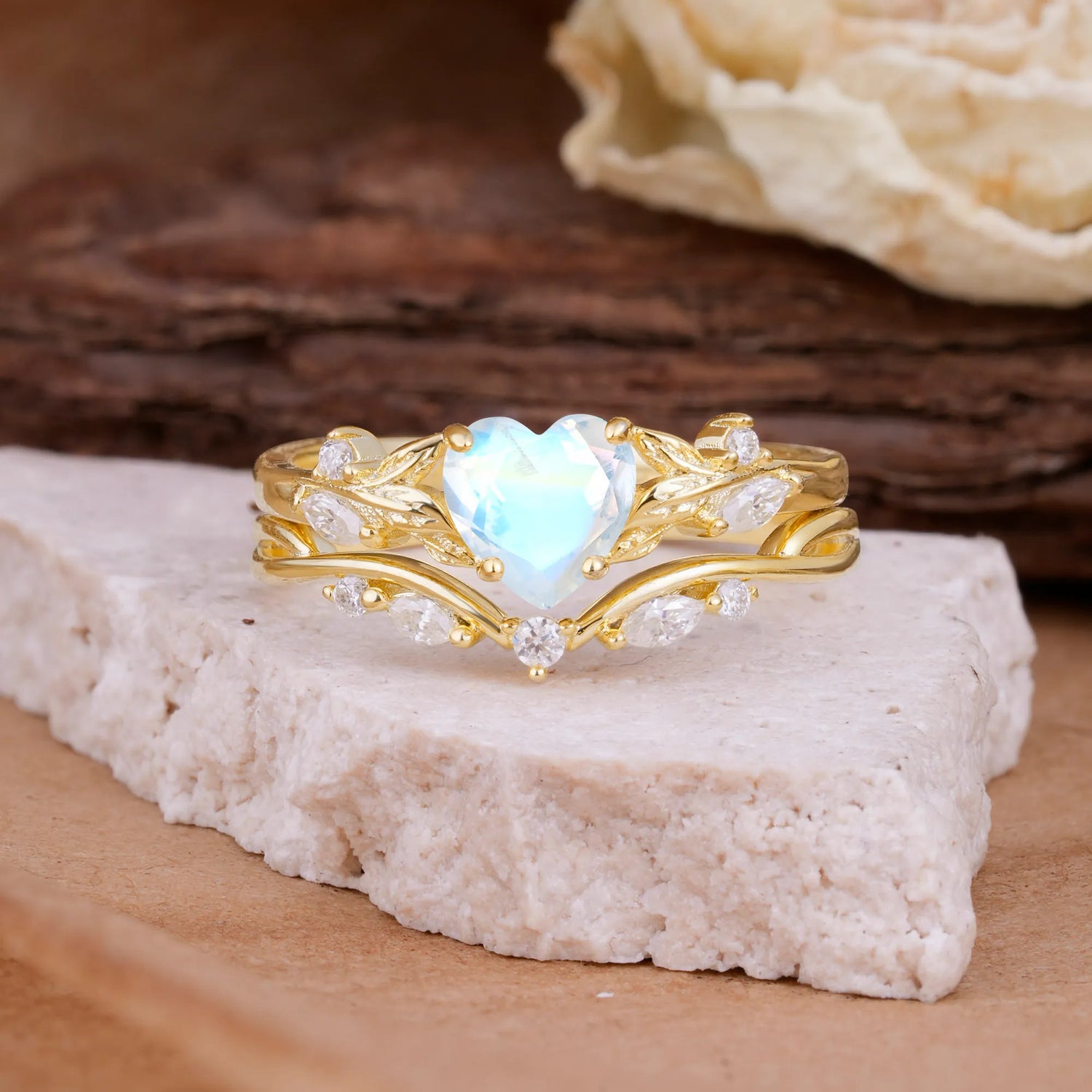 4-Prong Nature-Inspired Heart-Cut Moonstone Engagement Ring Set