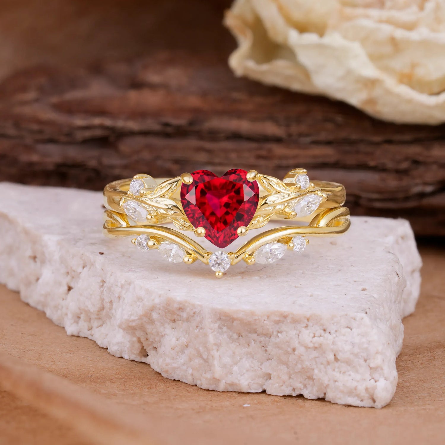 4-Prong Nature-Inspired Heart-Cut Ruby Bridal Ring Set