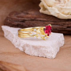 4-Prong Nature-Inspired Heart-Cut Ruby Engagement Ring Set