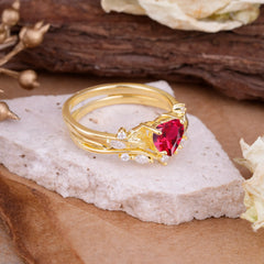4-Prong Nature-Inspired Heart-Cut Ruby Engagement Ring Set
