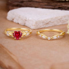 4-Prong Nature-Inspired Heart-Cut Ruby Engagement Ring Set