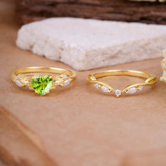 4-Prong Nature-Inspired Heart-Cut Peridot Engagement Ring Set