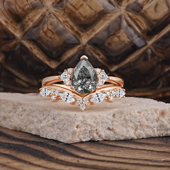Luxury 3-Prong Pear-Cut Black Rutilated Quartz Engagement Ring Set