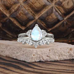 Luxury 3-Prong Pear-Cut Moonstone Engagement Ring Set
