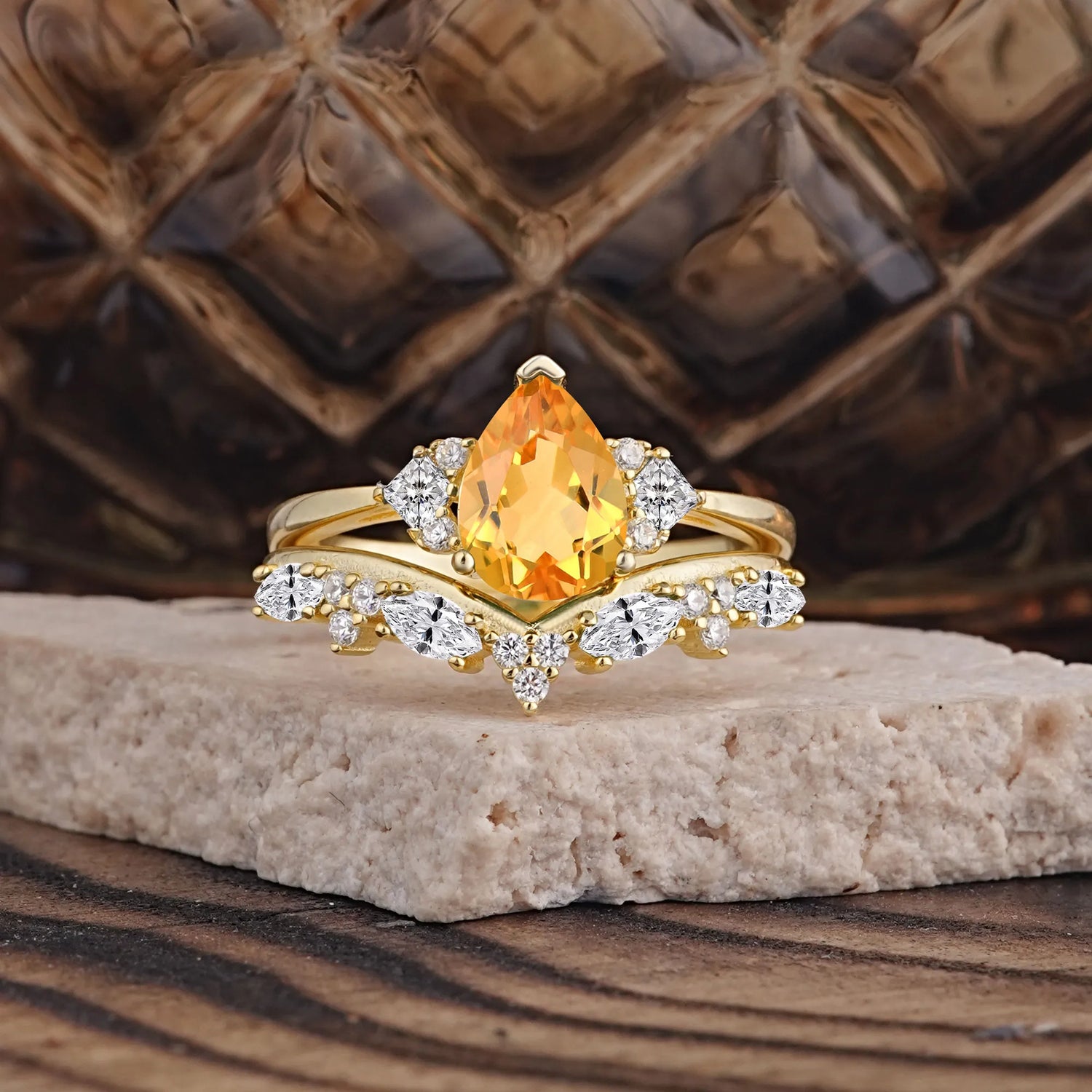 Luxury 3-Prong Pear-Cut Citrine Bridal Ring Set