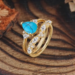 Luxury 3-Prong Pear-Cut Turquoise Engagement Ring Set