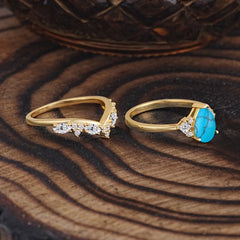 Luxury 3-Prong Pear-Cut Turquoise Engagement Ring Set
