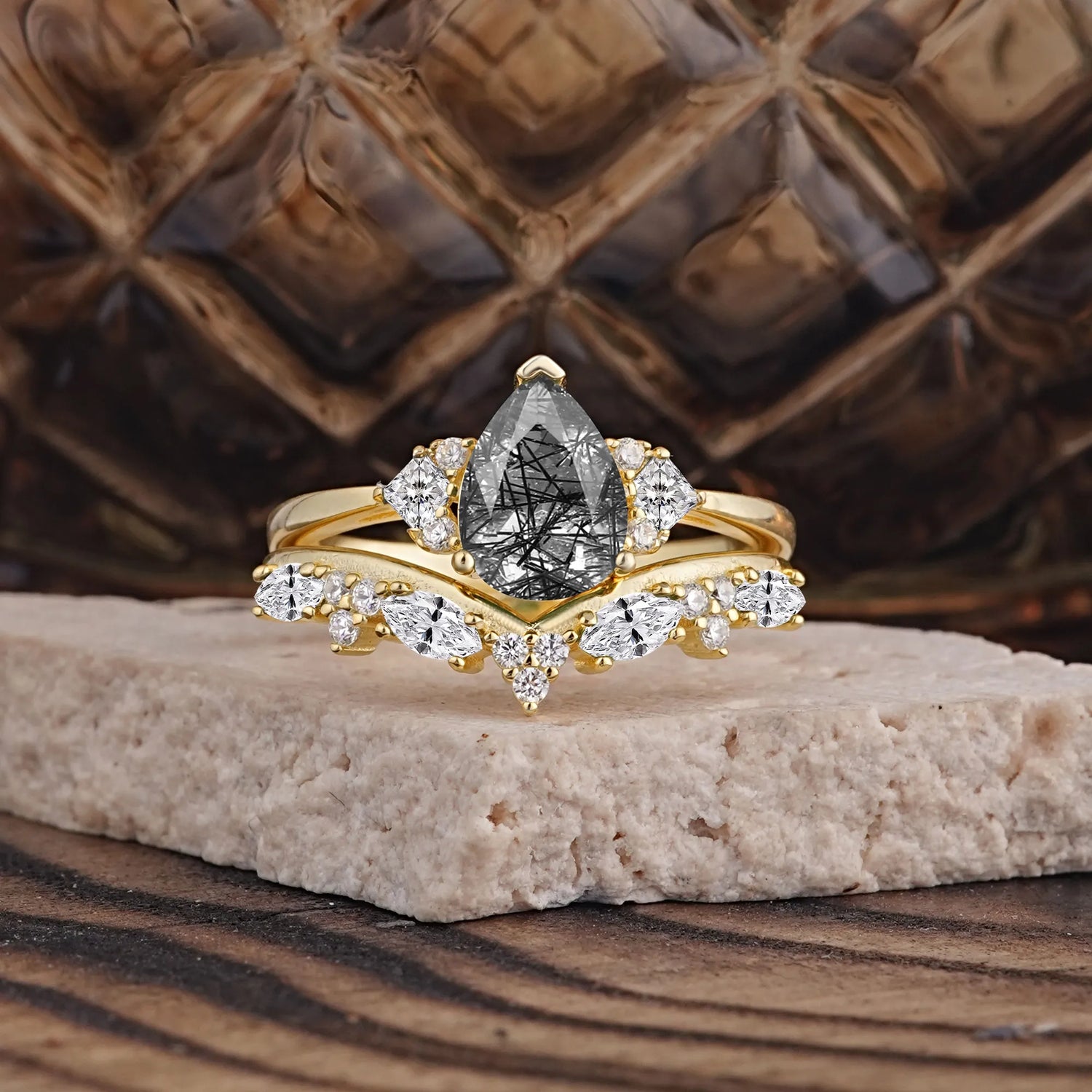 Luxury 3-Prong Pear-Cut Black Rutilated Quartz Bridal Ring Set