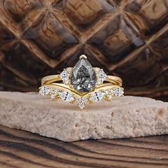 Luxury 3-Prong Pear-Cut Black Rutilated Quartz Engagement Ring Set