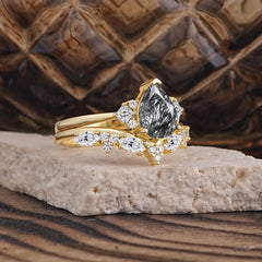Luxury 3-Prong Pear-Cut Black Rutilated Quartz Engagement Ring Set