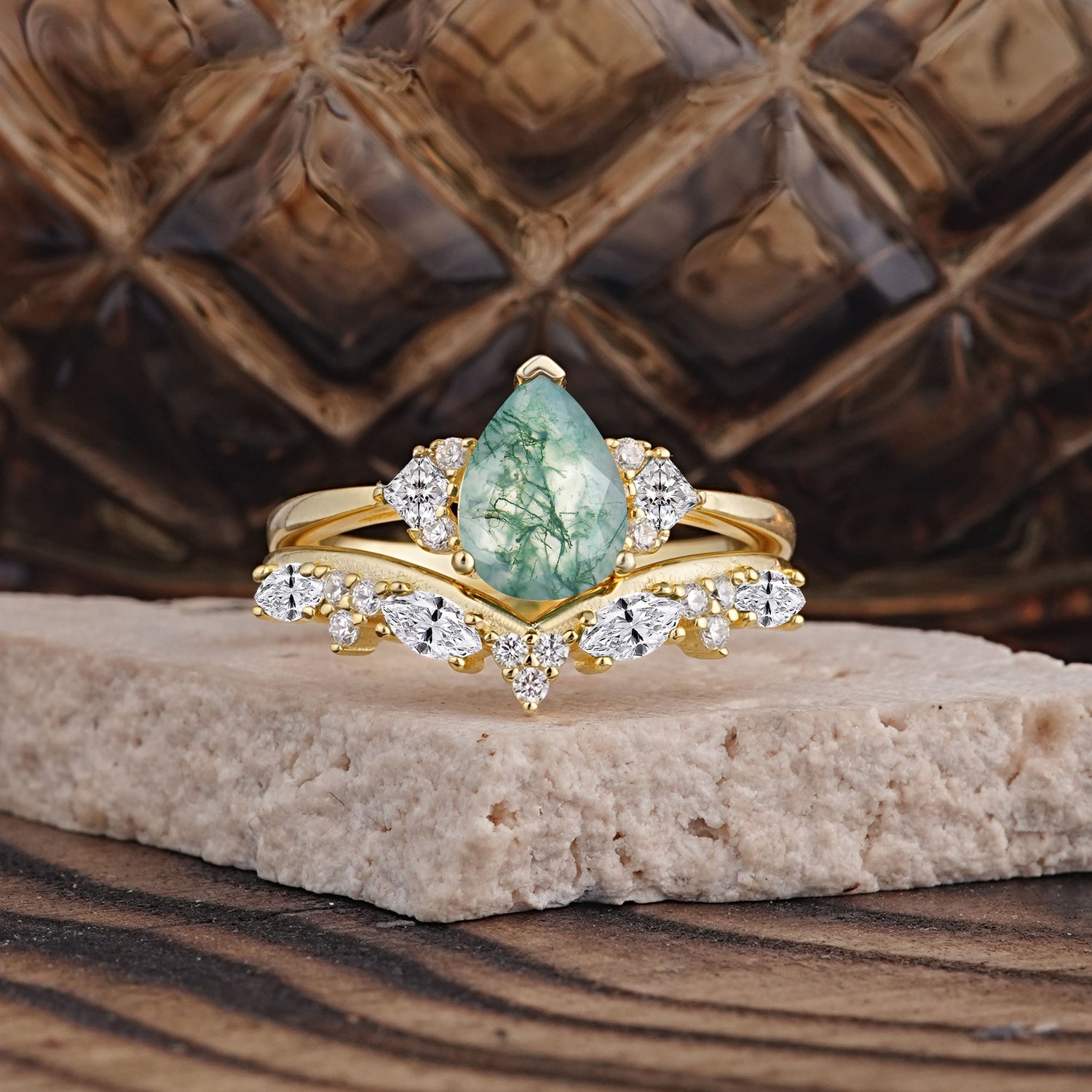 Luxury 3-Prong Pear-Cut Natural Moss Agate Bridal Ring Set