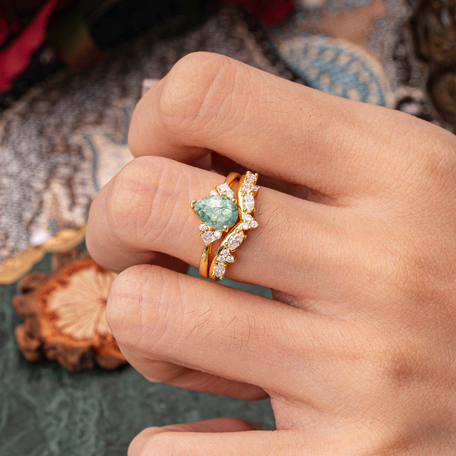 Luxury 3-Prong Pear-Cut Natural Moss Agate Bridal Ring Set