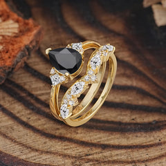 Luxury 3-Prong Pear-Cut Black Onyx Engagement Ring Set