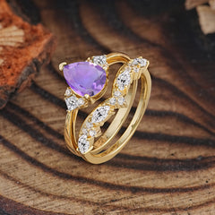 Luxury 3-Prong Pear-Cut Amethyst Engagement Ring Set