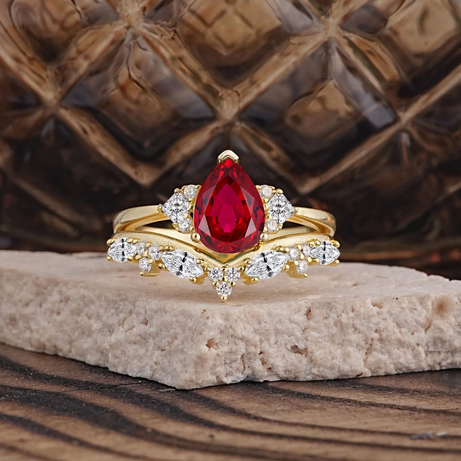 Luxury 3-Prong Pear-Cut Ruby Bridal Ring Set