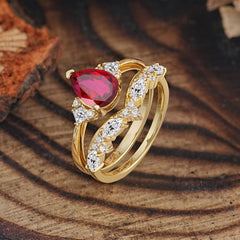 Luxury 3-Prong Pear-Cut Ruby Engagement Ring Set