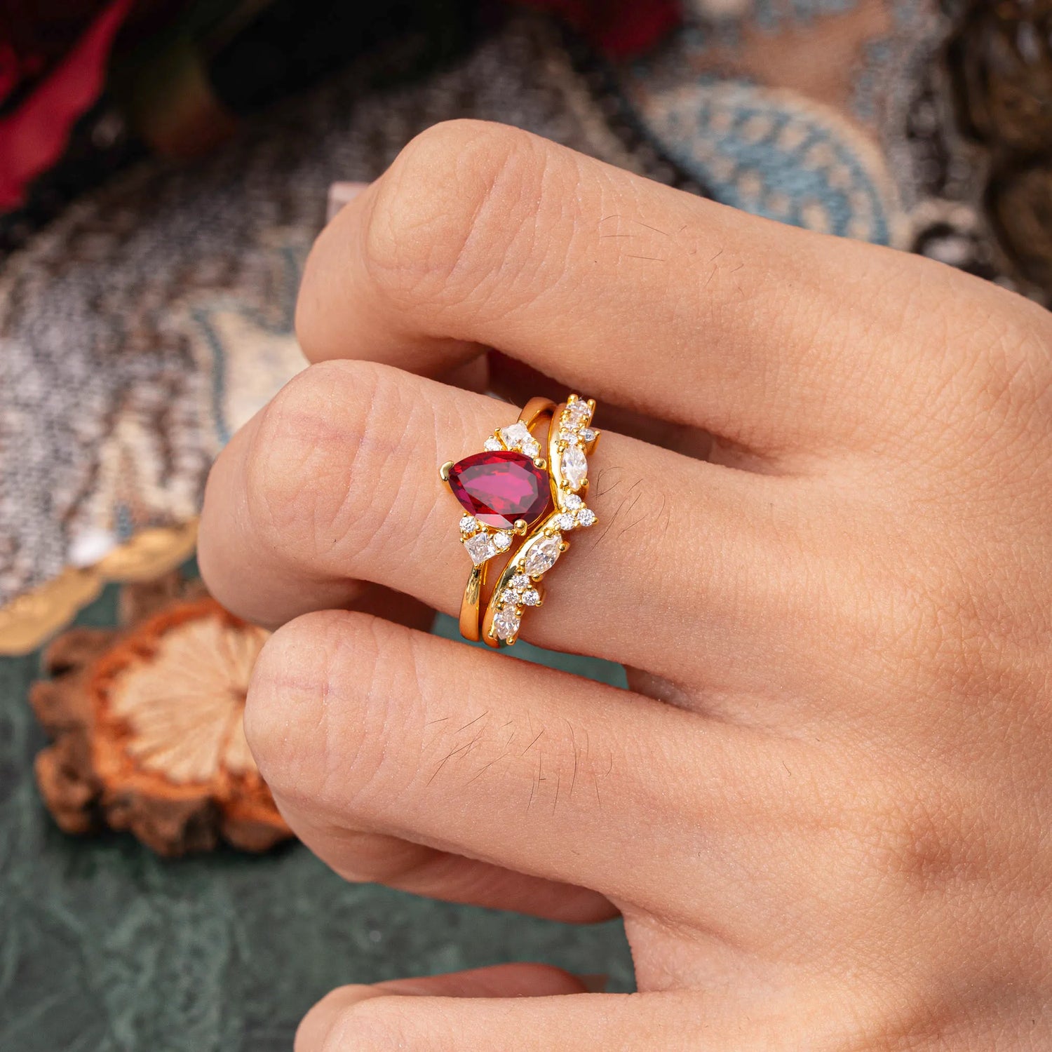Luxury 3-Prong Pear-Cut Ruby Bridal Ring Set