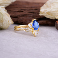 Fashion-Forward 3 Prong Luxury Pear-Cut Sapphire Engagement Ring Set