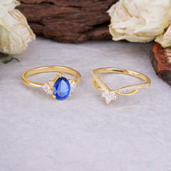 Fashion-Forward 3 Prong Luxury Pear-Cut Sapphire Engagement Ring Set