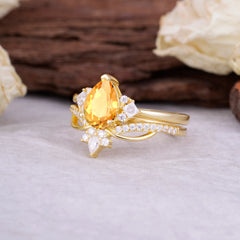 Fashion-Forward Luxury Pear-Cut Citrine Engagement Ring Set