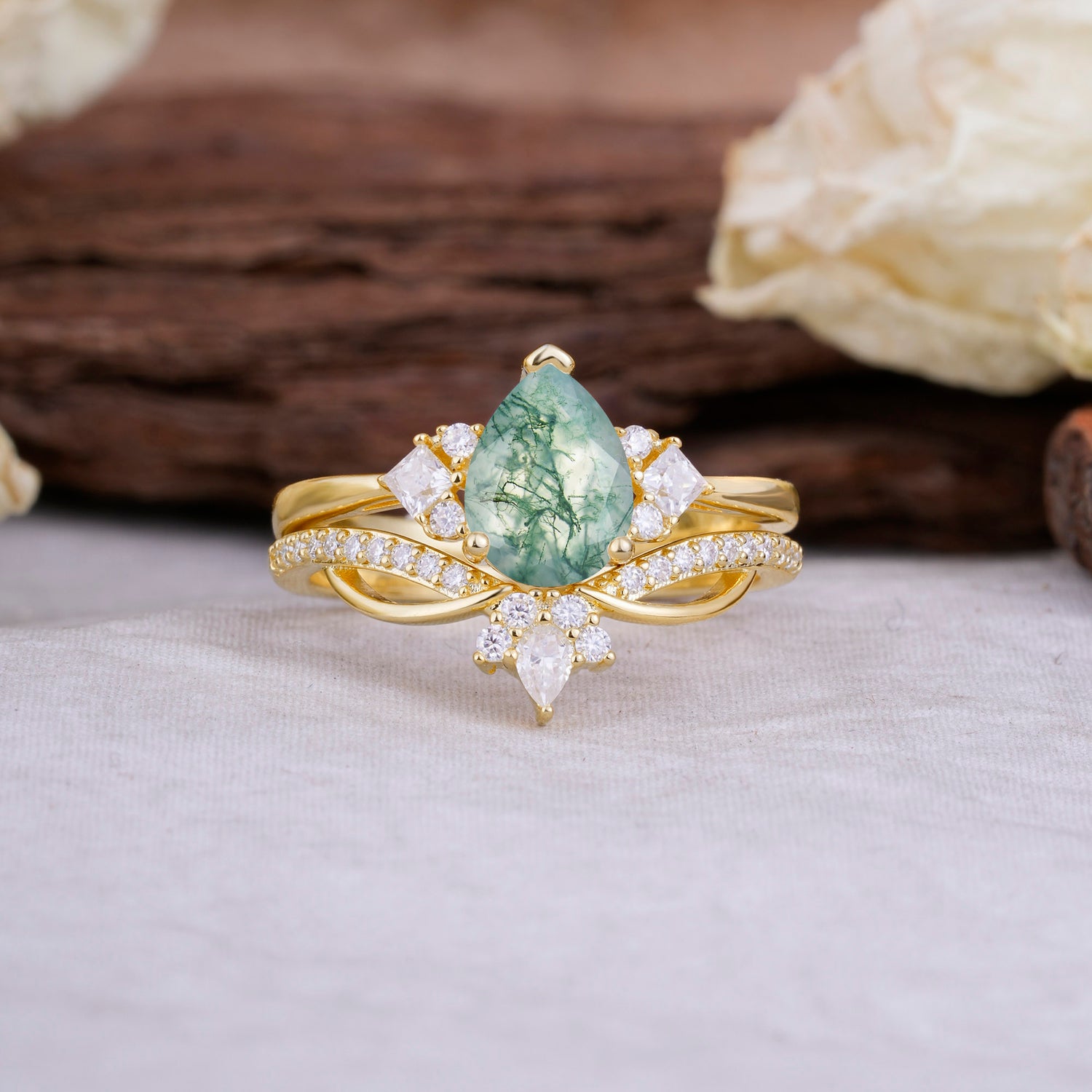 Fashion-Forward 3 Prong Luxury Pear-Cut Natural Moss Agate Bridal Ring Set