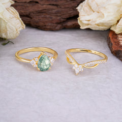 Fashion-Forward 3 Prong Luxury Pear-Cut Natural Moss Agate Engagement Ring Set
