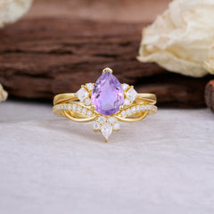 Fashion-Forward 3 Prong Luxury Pear-Cut Natural Amethyst Engagement Ring Set