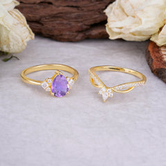 Fashion-Forward 3 Prong Luxury Pear-Cut Natural Amethyst Engagement Ring Set