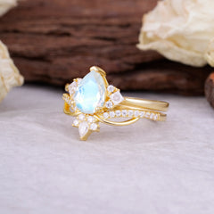 Fashion-Forward Luxury Pear-Cut Moonstone Engagement Ring Set