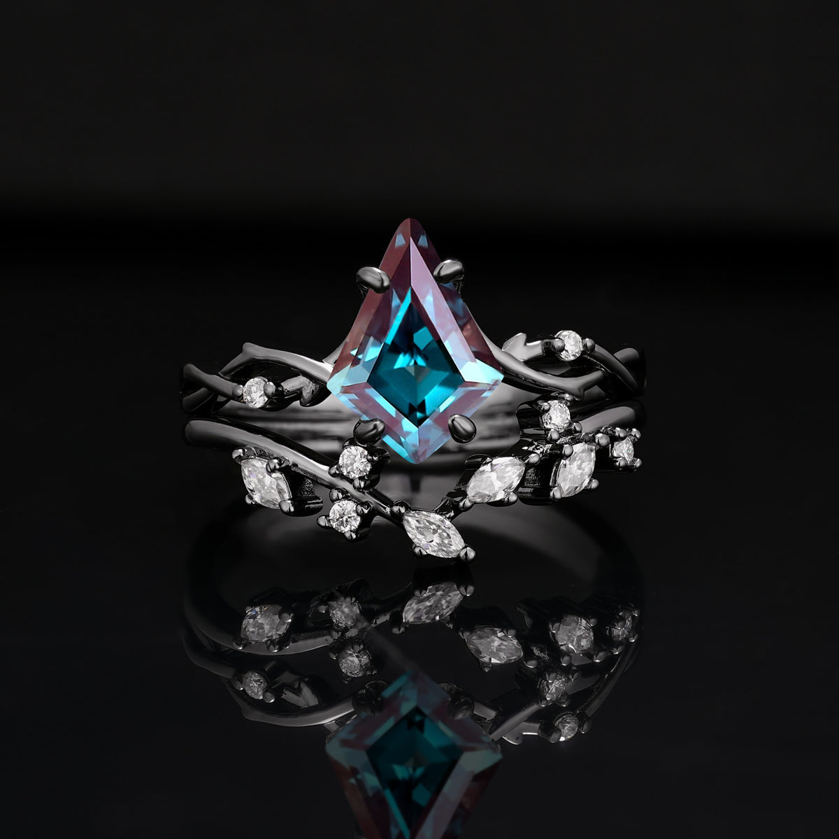 Dark Romantic Kite-Cut Gothic Vine Engagement Ring Set