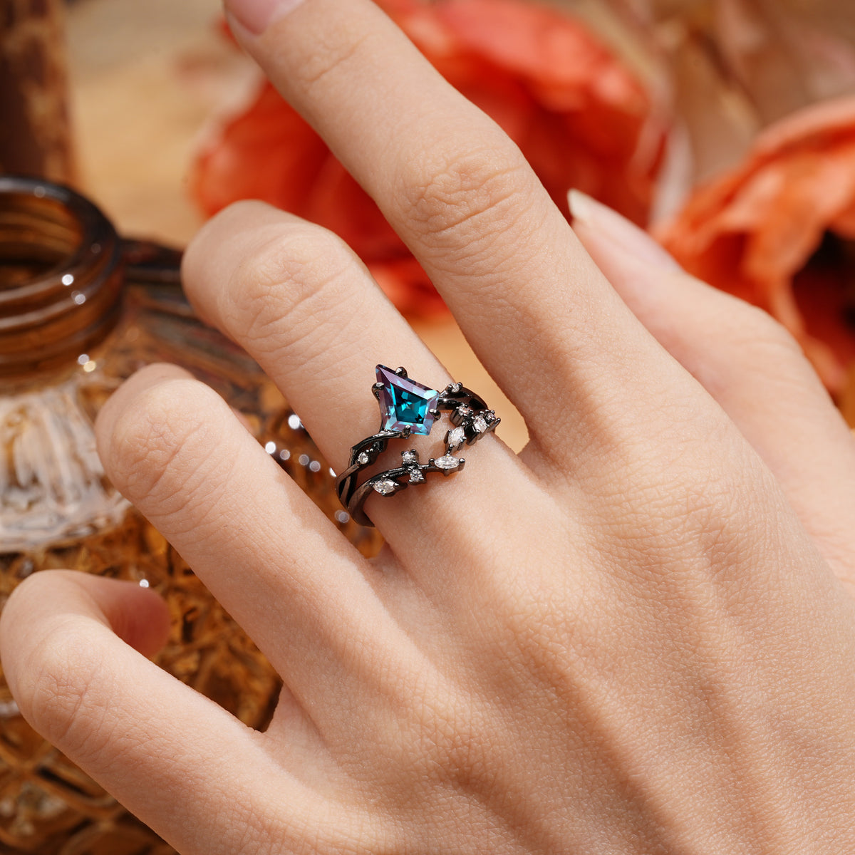 Dark Romantic Kite-Cut Gothic Vine Engagement Ring Set