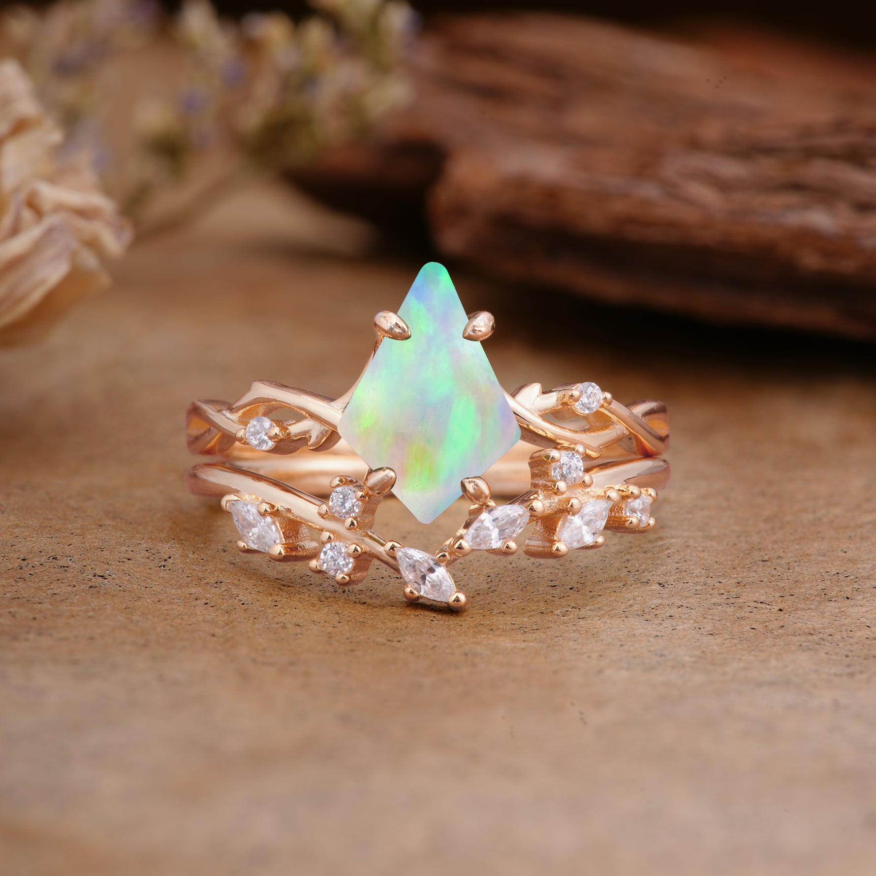 Fashion 4-Prong Kite-Cut Fire Opal Engagement Ring Set - Additional view
