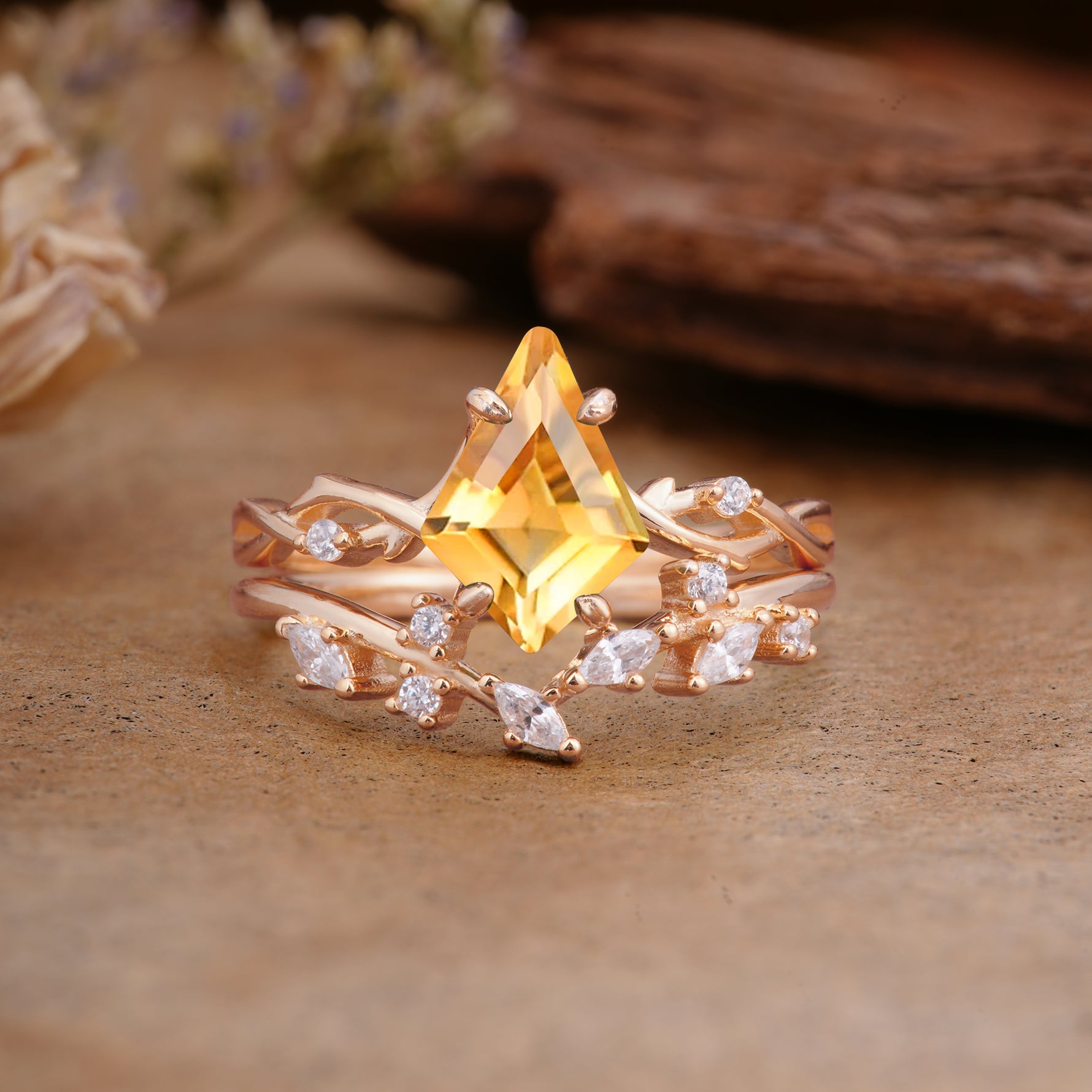 Fashion 4-Prong Kite-Cut Citrine Engagement Ring Set - Additional view