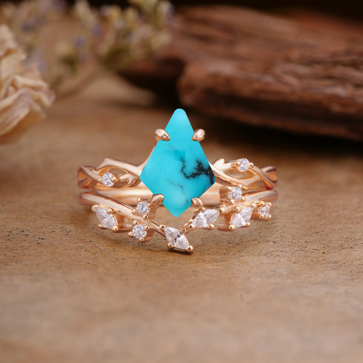 Fashion 4-Prong Kite-Cut Turquoise Engagement Ring Set - Additional view