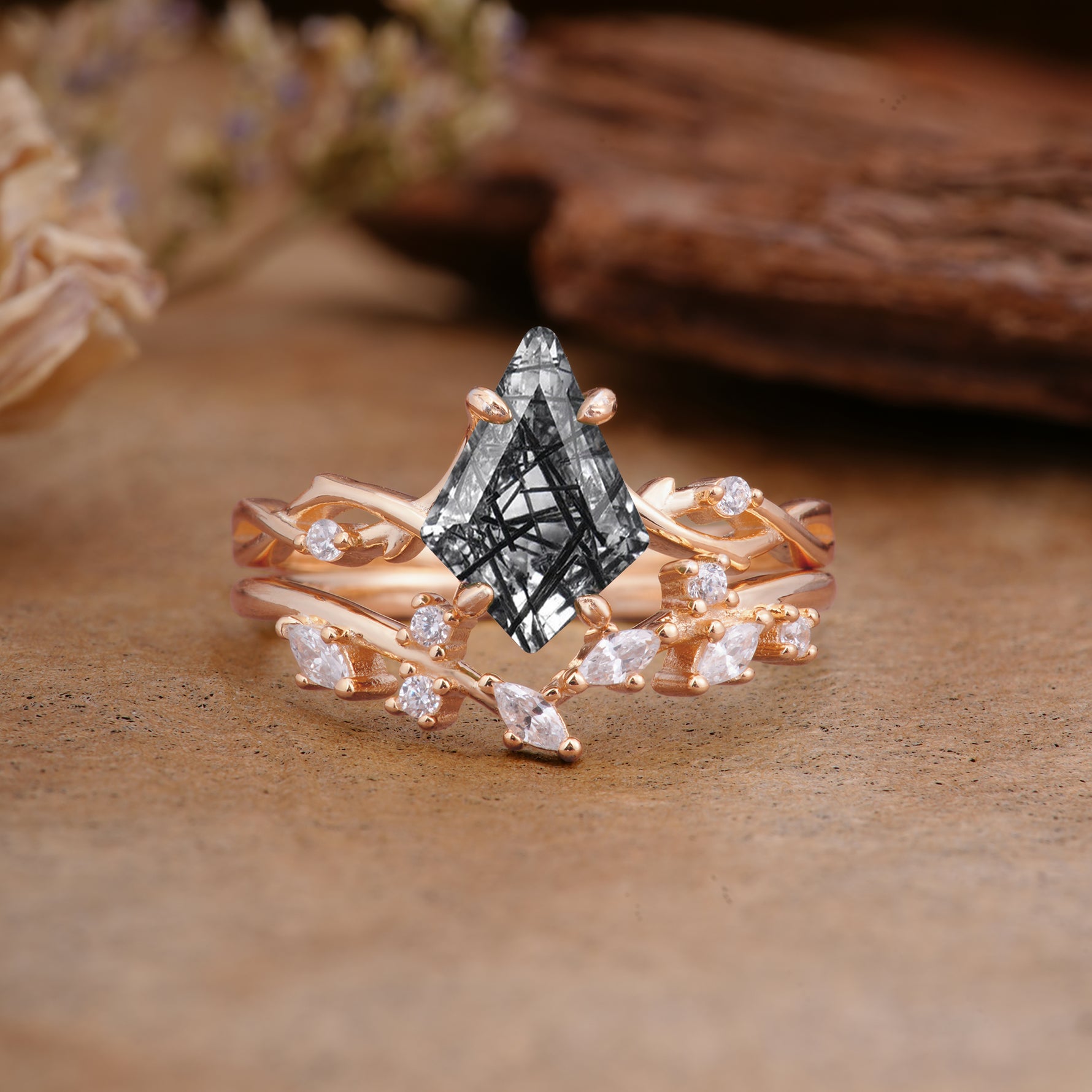 Fashion 4-Prong Kite-Cut Black Rutilated Quartz Engagement Ring Set - Additional view