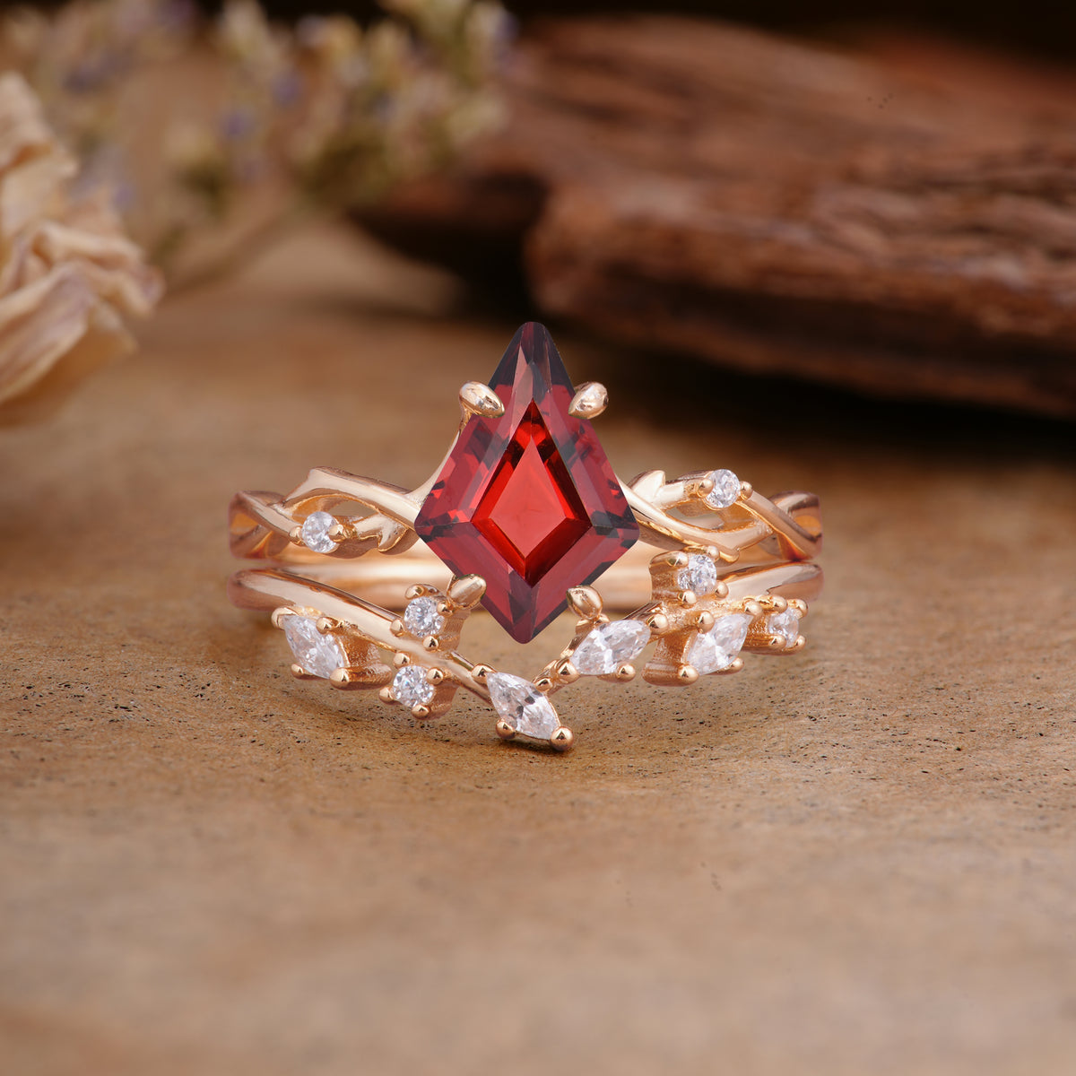 Fashion 4-Prong Kite-Cut Garnet Engagement Ring Set - Additional view