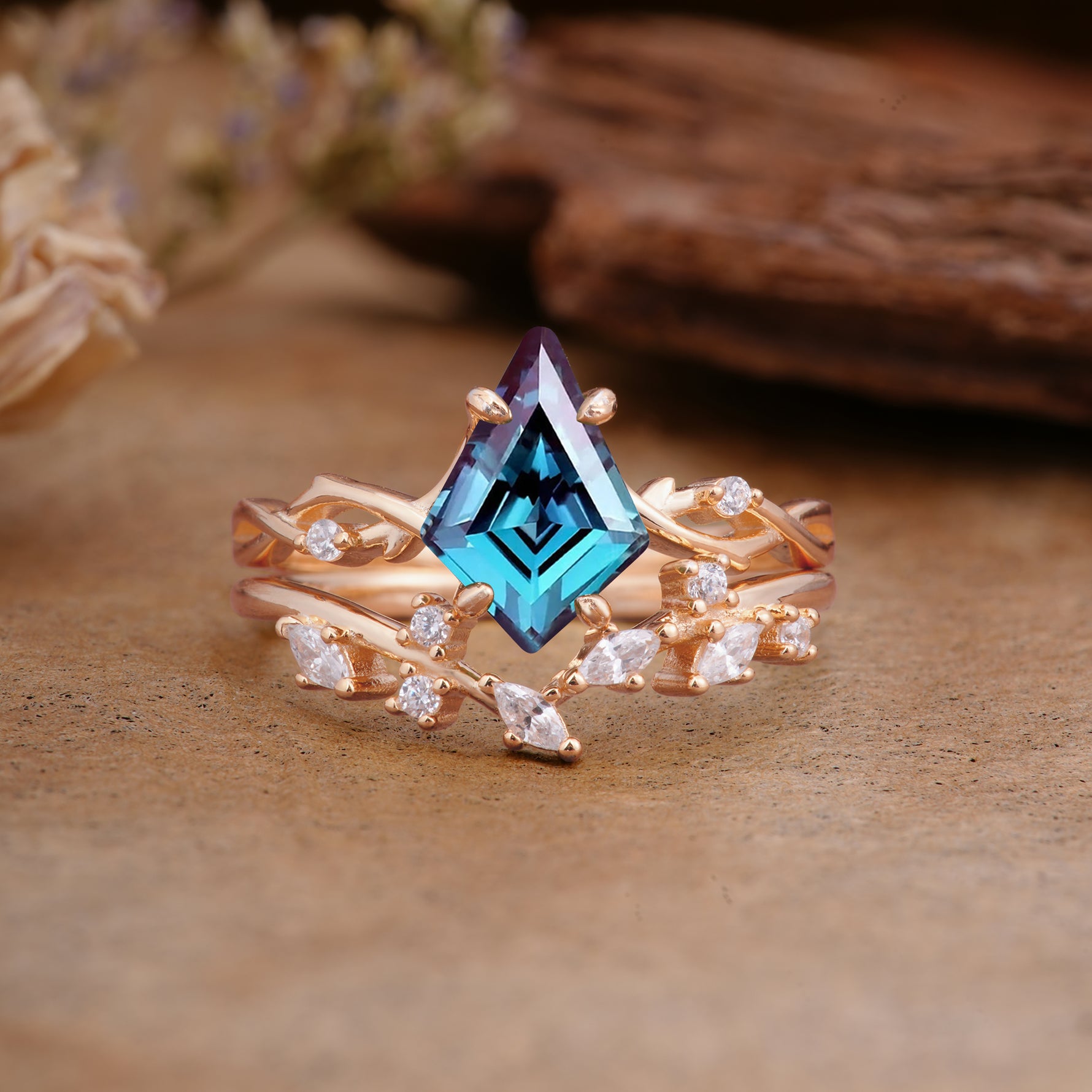 Fashion 4-Prong Kite-Cut Alexandrite Engagement Ring Set - Additional view