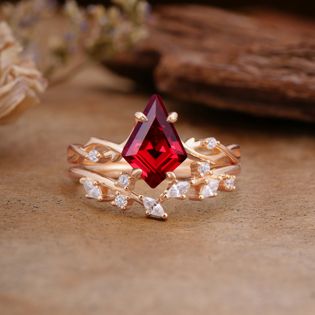 Fashion 4-Prong Kite-Cut Ruby Engagement Ring Set - Additional view