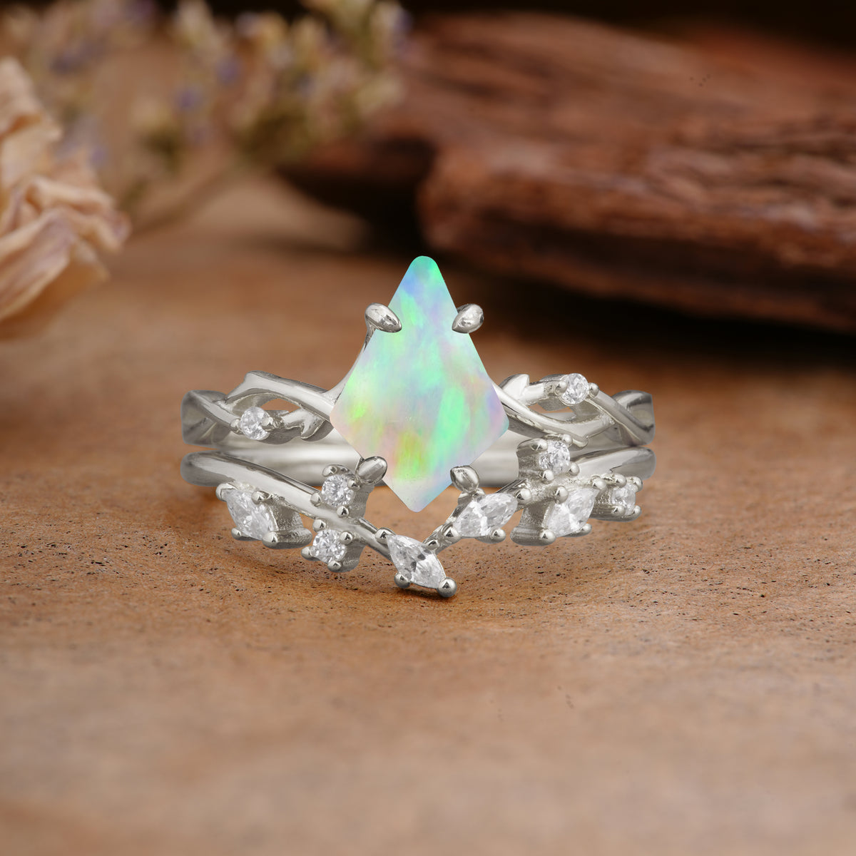 Fashion 4-Prong Kite-Cut Fire Opal Engagement Ring Set - Additional view